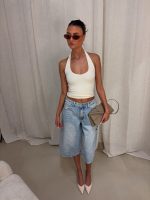 Celine halter topje ribbels - Creme